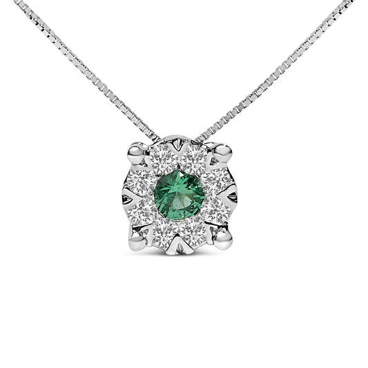 14K White Gold Emerald and Diamond Composite Halo Pendant Necklace