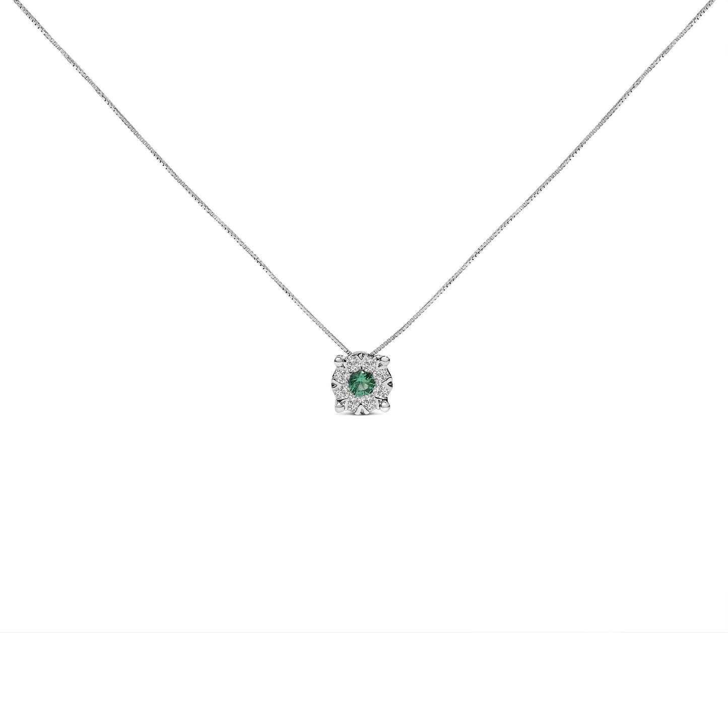 14K White Gold Emerald and Diamond Composite Halo Pendant Necklace