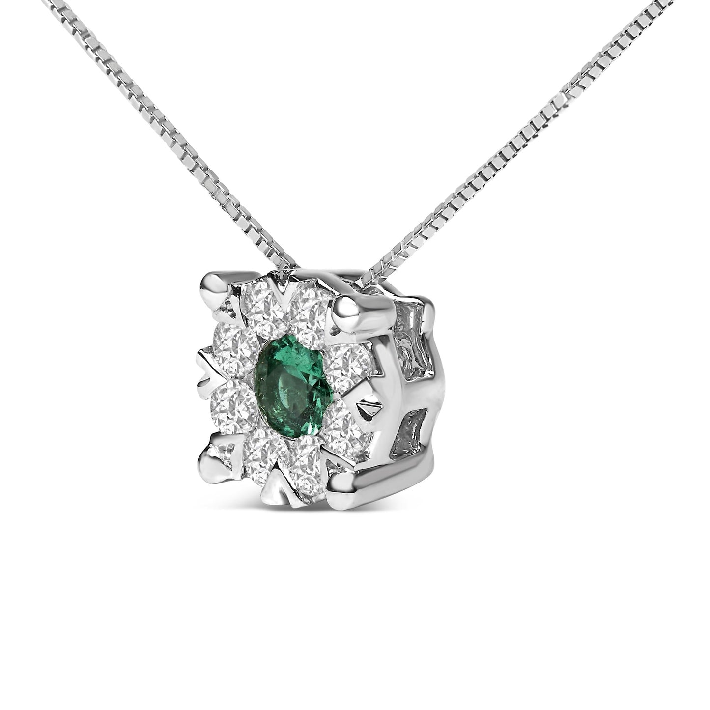 14K White Gold Emerald and Diamond Composite Halo Pendant Necklace