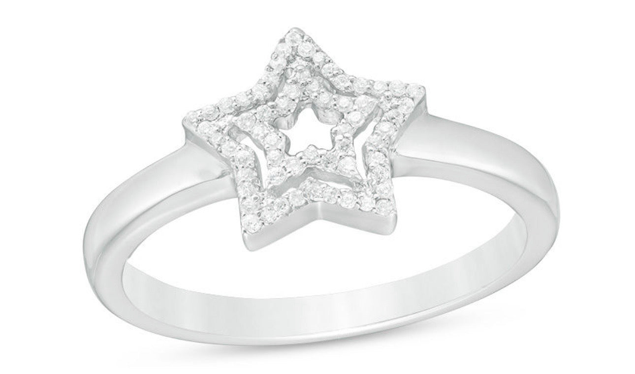 Diamond Double Sterling Silver Star Ring 1:10 Caret