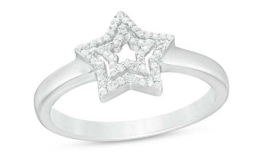Diamond Double Sterling Silver Star Ring 1:10 Caret