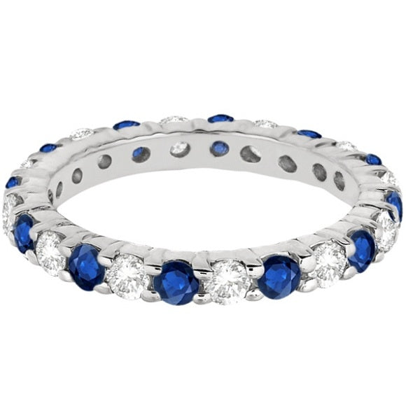 Eternity Diamond and Blue Sapphire Ring Band 14k White Gold (2.35ct)